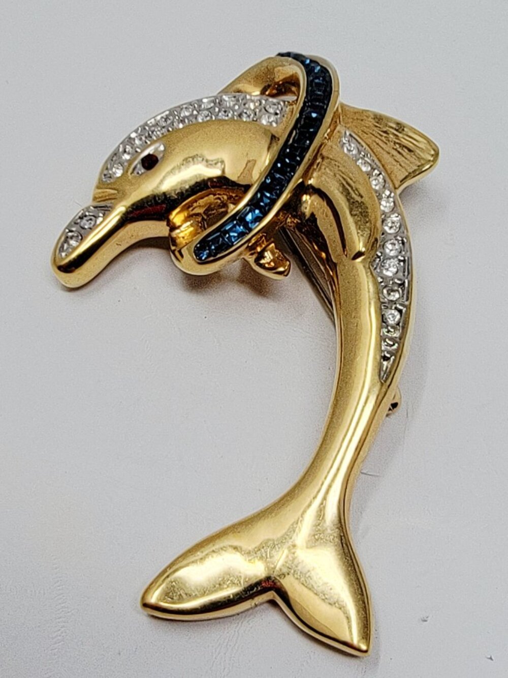 Butler Dolphin Gold Tone Blue Rhinestone Vintage Coastal Statement Brooch